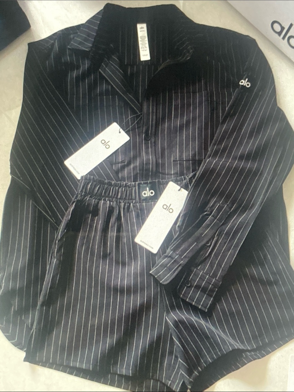 Alo Black Pinstripe Pajama Set Button-Up Shirt &Shorts